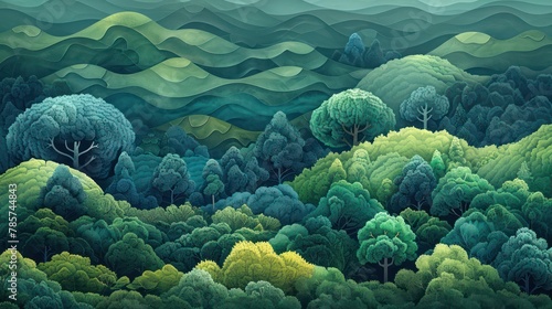 Tranquil green forest landscape painting