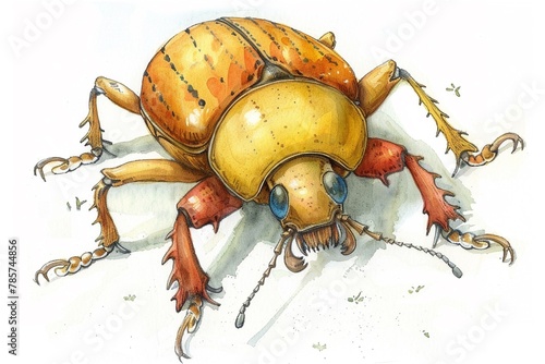 Watercolor beetle crawls slowly, the glossiness of its carapace reflecting light on the white surface , watercolor illustration, isolated on white background,