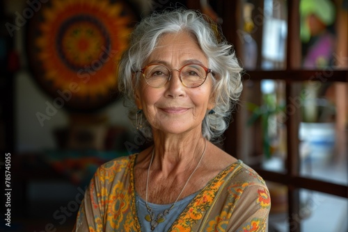 An elderly lady with silver hair and eyewear, smiling warmly in a room with cultural decor