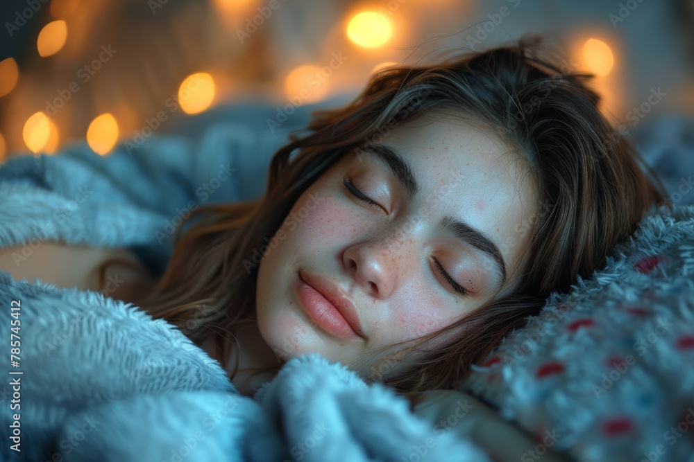 The focus on a person wrapped in soft bedding and surrounded by the dreamy glow of fairy lights speaks to comfort and peaceful slumber The focus on a person wrapped in soft bedding and surrounded by the dreamy glow of fairy lights speaks to comfort and peaceful slumber