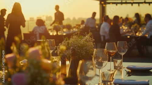 Close-up of a sunset dining setup outdoors, featuring glasses of wine and plates of gourmet food with people socializing in the background. Birthday, corporate party celebration.