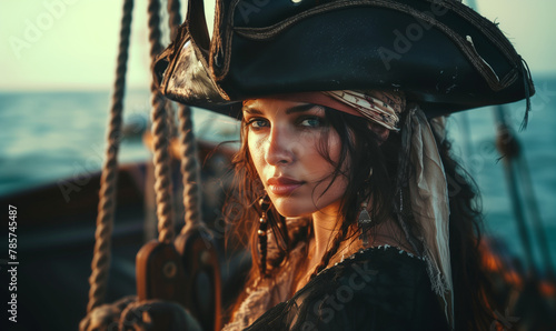 Beautiful pirate woman with wooden ship in the background, panoramic view, generated ai 