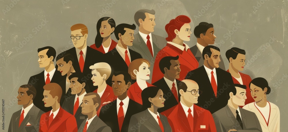 A group of business people, men and women in suits, gathered together to form an abstract pattern, with some dressed in red or white Generative AI