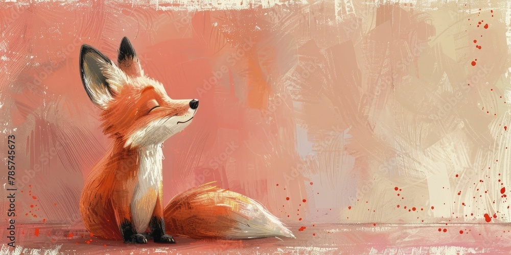 Fototapeta premium Charming cartoon fox in thought, subtle pink setting for childrenâ€™s book illustration.