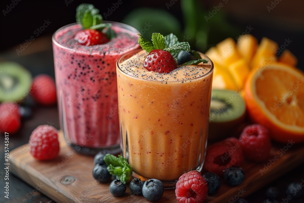 Two smoothies, one topped with chia seeds, beside an arrangement of kiwi, orange, and mango Two smoothies, one topped with chia seeds, beside an arrangement of kiwi, orange, and mango