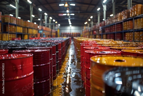 Long warehouse aisle flanked by vibrant red, orange, and yellow storage barrels photo