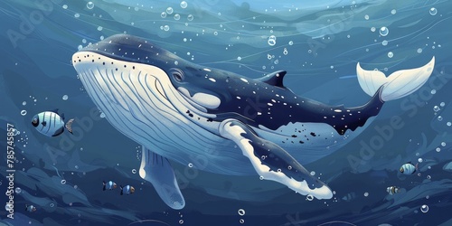 In a serene deep blue ocean  a gentle cartoon whale extends a helping fin to smaller fish  embodying themes of kindness.