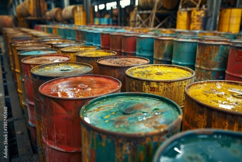 Rows of colorful oil drums stored in an industrial warehouse, showcasing vibrant colors and the concept of energy and storage © Larisa AI