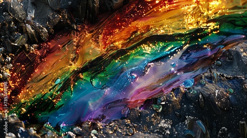 A rainbow colored liquid is seen. Liquid metal, crystalline and geological forms. Generated by artificial intelligence. photo