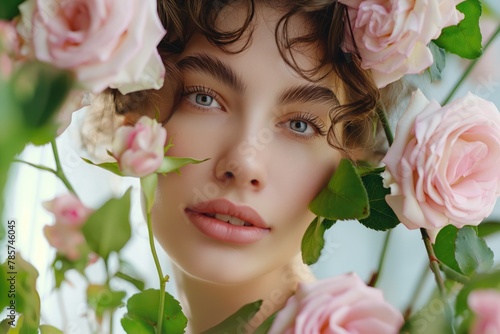Close-up of a young woman with a gentle expression, surrounded by delicate blush roses, evoking natural beauty and romance, skin care and self care idea