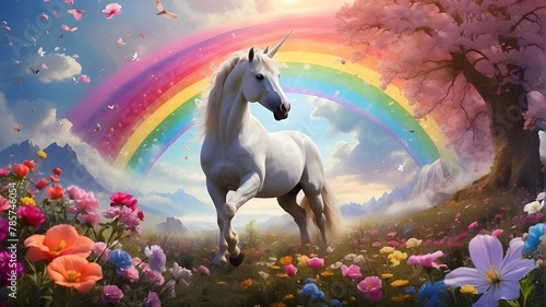  Step into a world of fantasy and magic  where spring is in full bloom. Picture a majestic unicorn prancing through a field of wildflowers  with a rainbow in the sky and a sense of wonder in the air. 