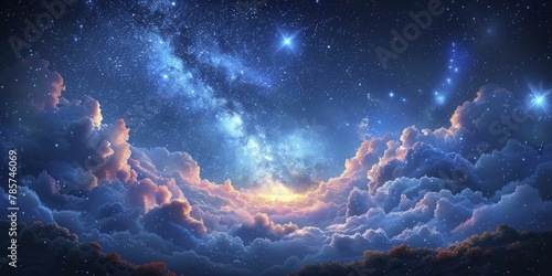 Dreamer cartoon unicorn beneath starry sky, magical dark blue background for nighttime story themes.