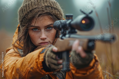 A focused young woman aiming a rifle with precision in a wild grassy environment