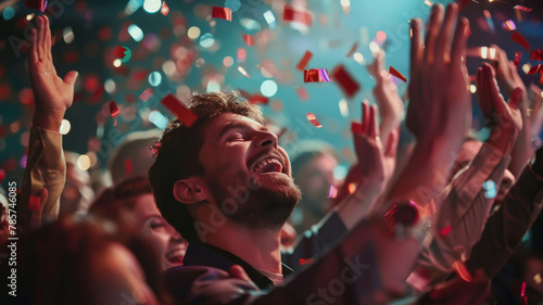 Ecstatic Audience Celebrating at Concert with Confetti. Euphoric crowd with uplifted hands enjoying a concert amid a burst of confetti.