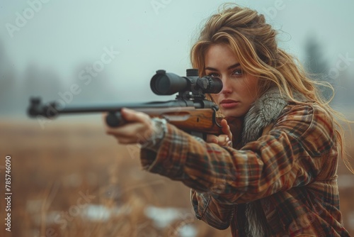 A young woman aiming down sights of a classic rifle in a fall wilderness setting photo