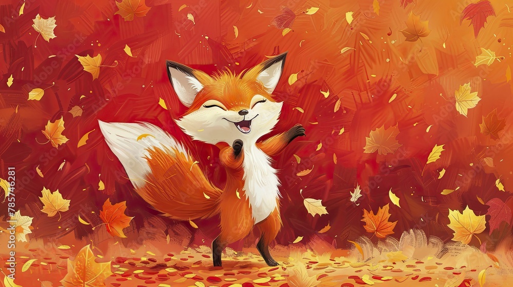 Fototapeta premium Joyful cartoon fox dancing in autumn leaves, warm red background for seasonal childrenâ€™s books.