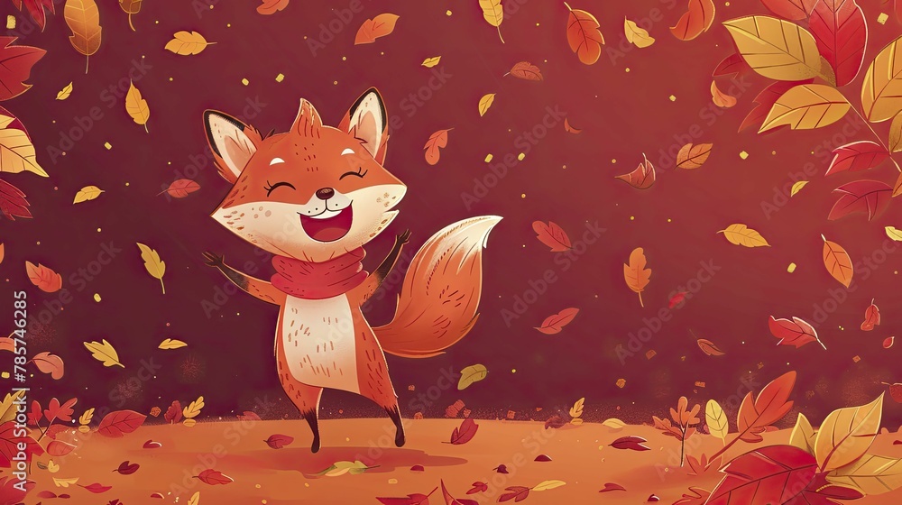 Fototapeta premium A lively cartoon fox dances among autumn leaves on a cozy red backdrop, perfect for enchanting children's stories.