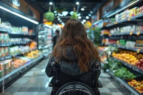 Capturing the independent spirit, a long-haired person in a wheelchair shops alone in a supermarket