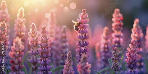 A modest cartoon bumblebee peacefully pollinates on a delicate flower amidst a lush lavender backdrop, highlighting environmental harmony. photo