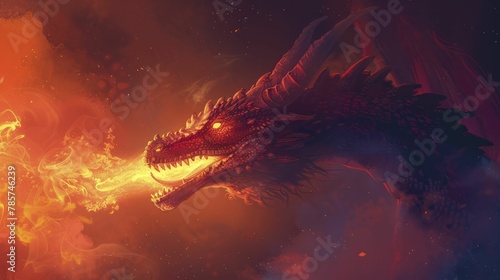 An imaginative cartoon dragon unleashes fiery breath against a dramatic dark red backdrop, setting the stage for a mythical tale.