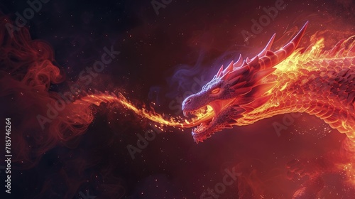 An animated dragon with fiery breath against a striking dark red backdrop sets the stage for a captivating mythical tale.