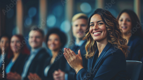 Enthusiastic Professional Applauding at a Business Conference. Engaged businesswoman clapping during a corporate conference, with attendees in the background.