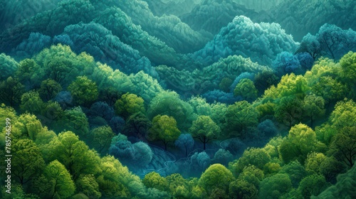 Misty forest with lush green treetops and river