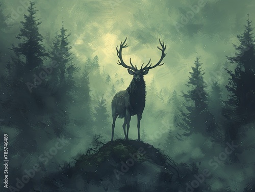 A majestic stag stands tall in a misty forest, embodying leadership and dignity in the lush green backdrop.