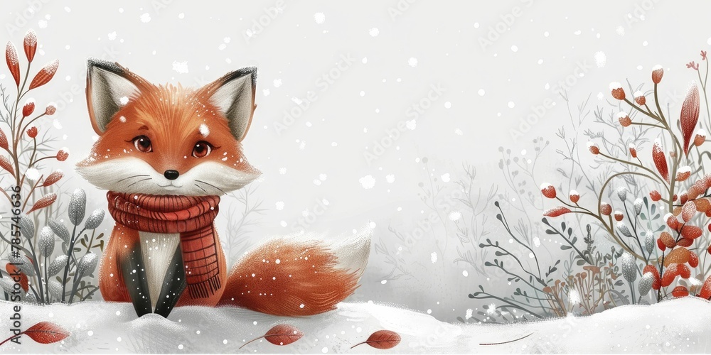 Fototapeta premium Rustic cartoon fox with a scarf in snowy landscape, cozy white background for winter apparel ads.