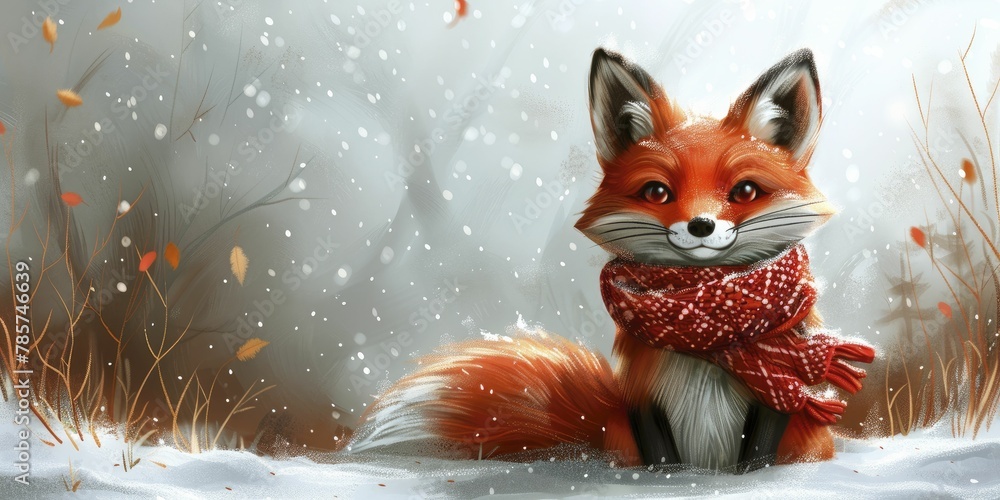 Obraz premium Advertise your winter wear with a charming cartoon fox sporting a scarf in a serene snowy setting against a cozy white backdrop.