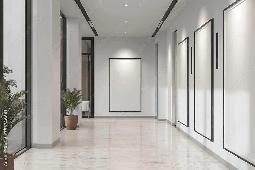 Contemporary gallery hallway with a mockup frame, perfect for design showcases and interior space promotions. Ideal for art, architecture, and real estate visualizations. Contemporary gallery hallway with a mockup frame, perfect for design showcases and interior space promotions. Ideal for art, architecture, and real estate visualizations.