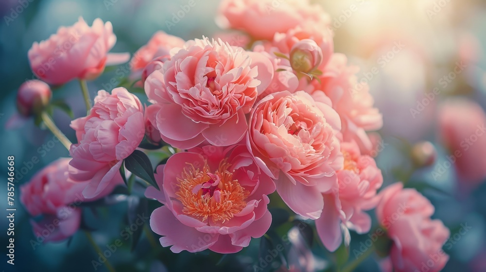 A lush bouquet of peonies bathed in warm, soft light. A lush bouquet of peonies bathed in warm, soft light.