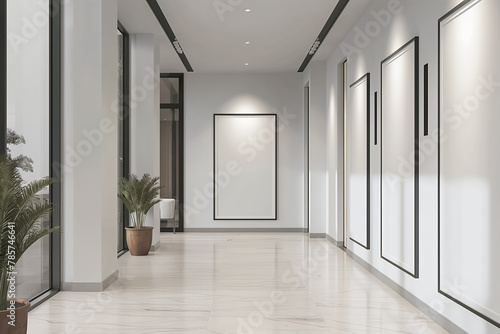 Contemporary gallery hallway with a mockup frame  perfect for design showcases and interior space promotions. Ideal for art  architecture  and real estate visualizations.