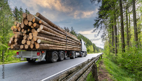 Waldwirtschaft, Holzindustrie, LKW, Langholztransporter beladen mit Holzstämmen, auf der Straße, KI generiert