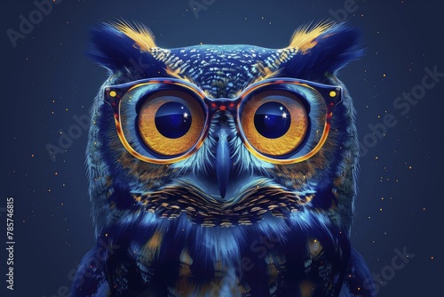 Stern cartoon owl teacher with glasses, scholarly deep blue background for educational posters. photo