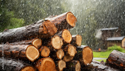 Waldwirtschaft, Holzindustrie, Holzscheite für Brennholz liegen im Regen, KI generiert