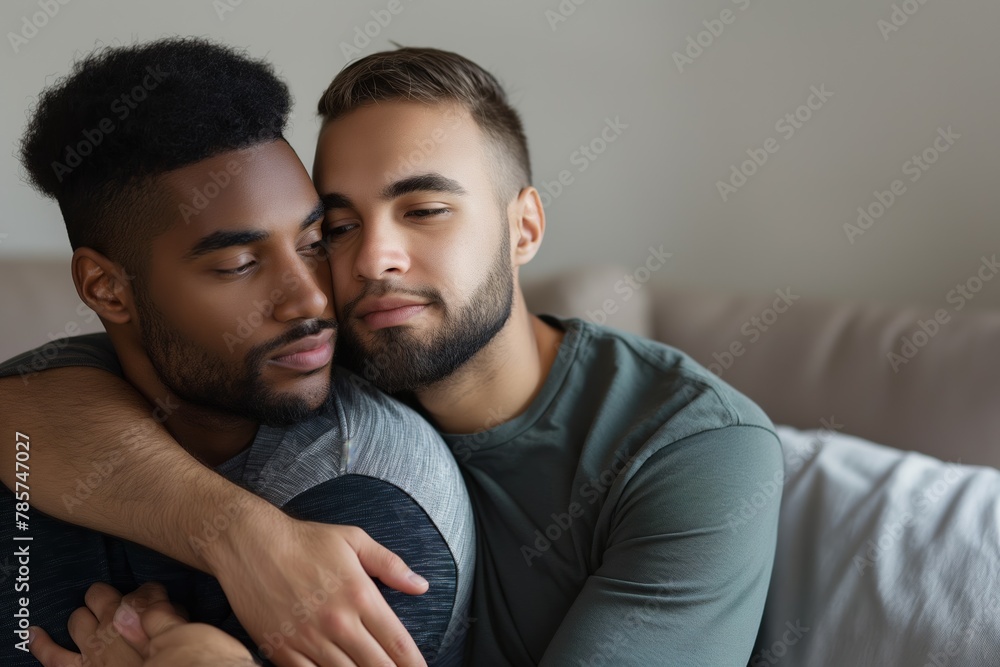 Intimate gay couple embracing on couch. Perfect for articles on LGBTQ+ relationships, diversity, and modern love. Intimate gay couple embracing on couch. Perfect for articles on LGBTQ+ relationships, diversity, and modern love.