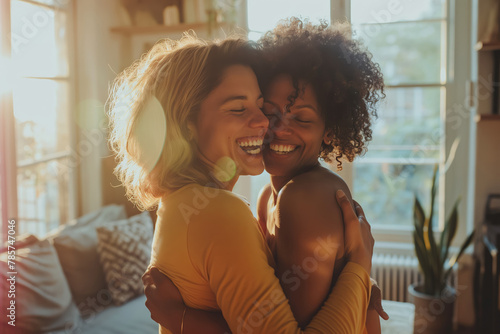 Lesbian couple embracing in sunlight. Captures a moment of love and intimacy in a domestic setting.