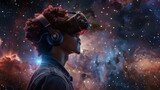 Young Man Experiencing Virtual Reality Against a Cosmic Background