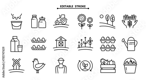 Farm, agriculture icon set. Cultivating plants and livestock, farming, linear icons. Editable stroke, Outline set of farmer vector icons for web design isolated on white background