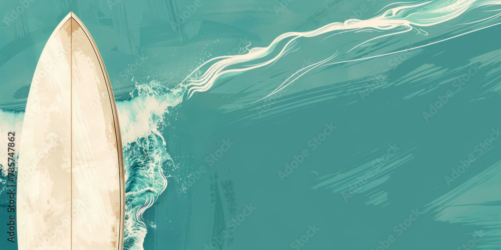 Fototapeta premium Teal banner with a surfboard on the side with space for copy space.