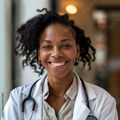Contented African American female doctor with natural hair and a warm, engaging smile in scrubs.