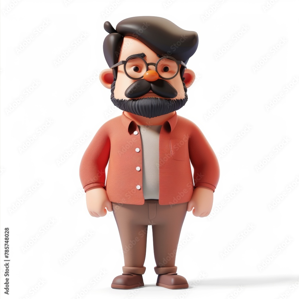 Cartoon Character, 3D Render, Male Character, Isolated on White Background. Cartoon character of a bearded man wearing glasses, a red shirt, and khaki pants. The illustration is in a cute and friendly Cartoon Character, 3D Render, Male Character, Isolated on White Background. Cartoon character of a bearded man wearing glasses, a red shirt, and khaki pants. The illustration is in a cute and friendly