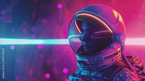 Picture of astronaut on alien planet - man or woman in suit with helmet, neon lights