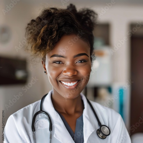 Heartwarming smile from an African American female doctor with natural afro hair, in a well-lit office.