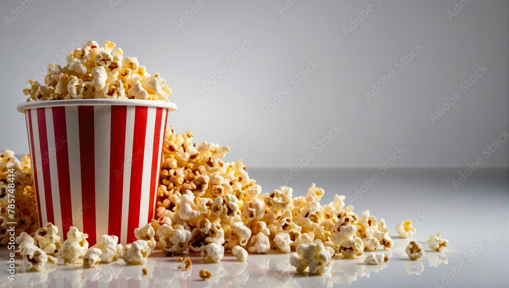 red and white vertical striped paper cup full of popcorn on gray background red and white vertical striped paper cup full of popcorn on gray background