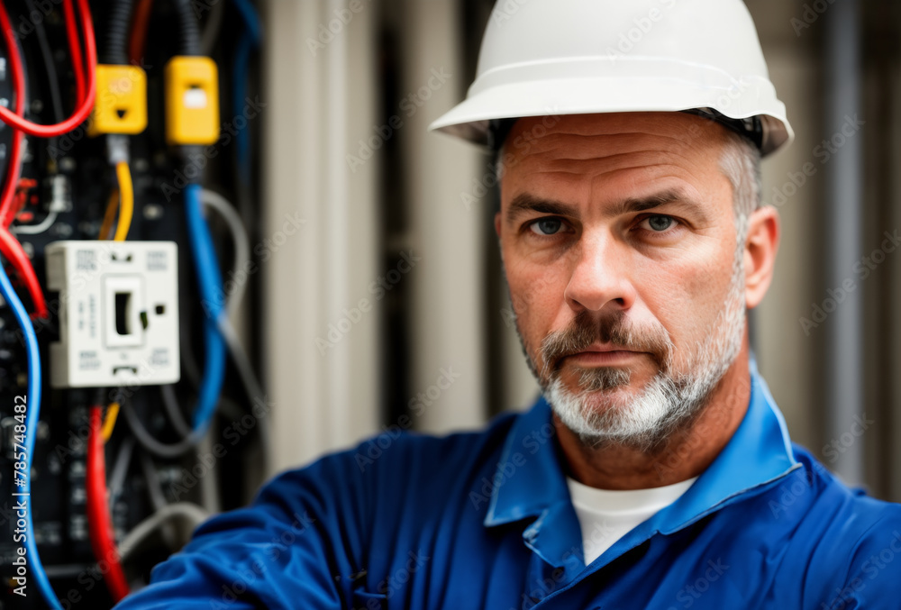 Portrait of an electrician, determined gaze, blurred electrical workshop environment. AI generated. Portrait of an electrician, determined gaze, blurred electrical workshop environment. AI generated.