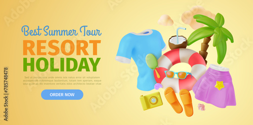 3d Best Summer Tour Resort Holiday Ads Banner Concept Poster Card. Vector illustration of Floating Palm, Shirt and Sunglasses