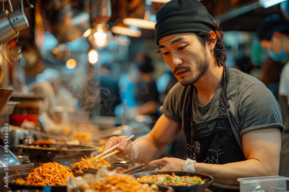 Male chef carefully plating noodles with tongs in a meticulously organized kitchen setting Male chef carefully plating noodles with tongs in a meticulously organized kitchen setting