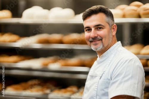 Portrait of a baker, friendly gaze, blurred bakery environment. AI generated.